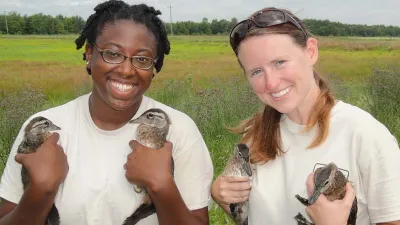 U.S. Fish and Wildlife Refuge Interns stand together each holding two baby ducks